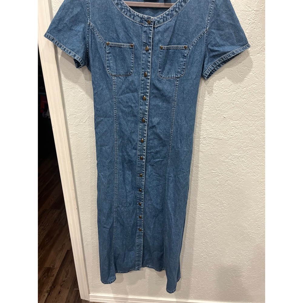Crazy Horse Liz Claiborne Denim Maxi Dress XL Blue Cotton Button Front Tie Back - Picture 4 of 5